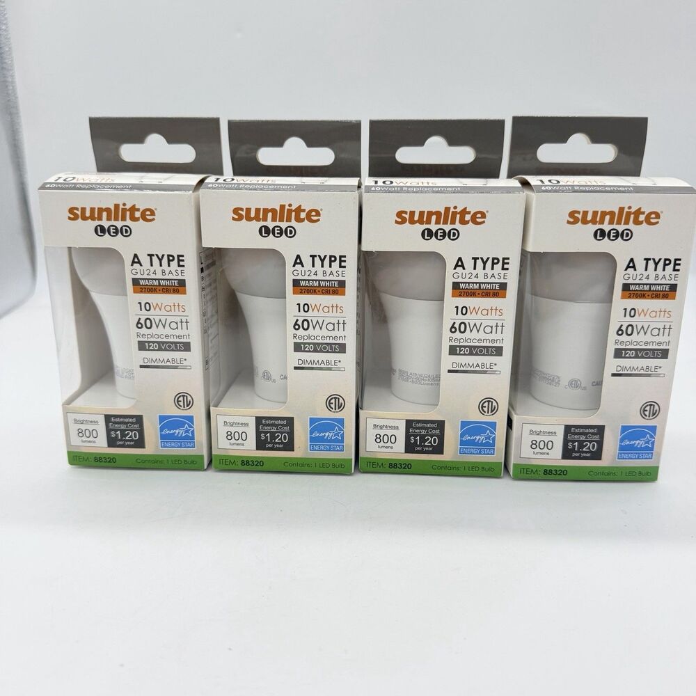 4 Sunlite 88320 A19 GU24 LED Bulbs 10W 60W Equivalent 2700K Dimmable